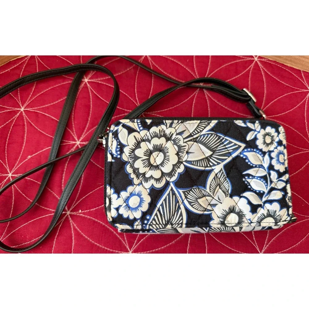 Vera Bradley RFID All In One Crossbody Wallet Bag Blue Black Floral Quilted